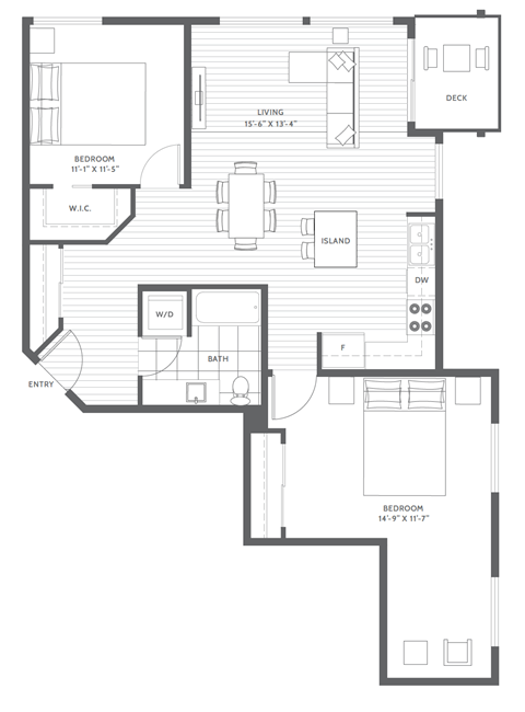 Floor plan for 2 beds, 1 bath, 933 sqft